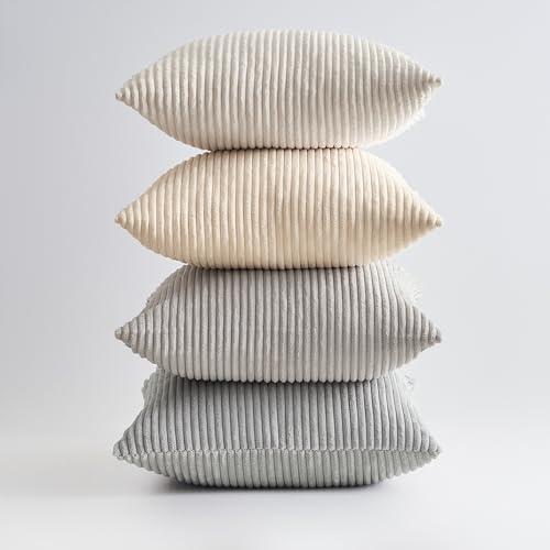 Image of Topfinel 4 Packs Neutral Decorative Throw Pillows Covers 12x12 Inch for Living Room Couch Bed Sofa, Rustic Farmhouse Boho Neutral Home Decor, Soft Plush Striped Corduroy Square Cushion Case 30x30 cm