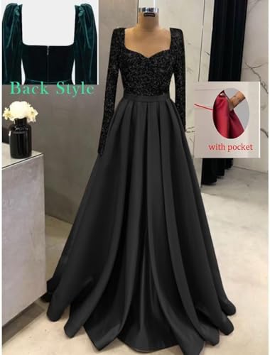 CWOAPO Long Sleeve Sequin Prom Dresses 2025 Long Satin Ball Gowns for Women Formal A-Line Evening Gown with Pockets3
