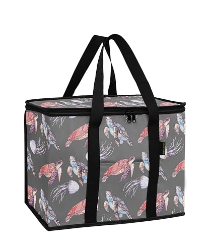 BeeGreen Insulated Cooler Bag Soft Tote for Grocery Shopping Beach Travel Lunch Foldable Leakproof Delivery Totes Large Ice Coolers with Handle Hard Freezer Bags with Zippered Top Gray Turtle