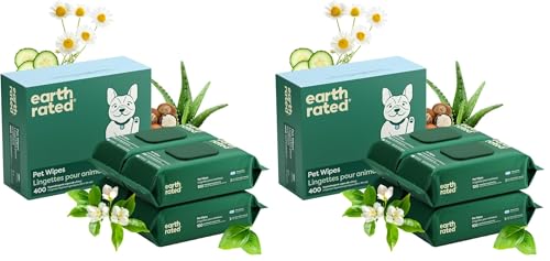 Image of Earth Rated Pet Wipes for Dogs and Cats, Hypoallergenic, 3-in-1 Cleaning, Deodorizing and Hydrating, for Grooming Paws, Body and Butt, New White Tea and Basil Scent, 400 Count (Pack of 2)