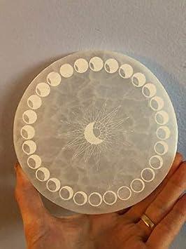 Moon Phase Etched Selenite Plate, 4" Diameter, Selenite Charging Plate E1100