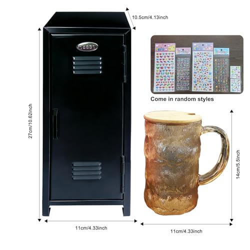 Image of Mini Locker with Lock Key Stickers Box Metal Small Locker Mini Locker Miniature Storage Girls Lockbox Desktop Storage Organizer for Cash Money Jewelry Safe Dollhouse Furniture Accessories (Black)