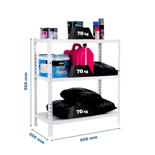 Simon Rack Ecoclick Regal mit 3 Ebenen, 70 kg Tragkraft und Biegepunkt, 900 x 900 x 500 mm, Schwerlastregal, Garagenregal, Weiß