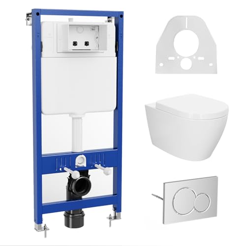 Vorwandelement WC Set Komplett Höhenverstellbares Hänge-WC mit D-Form Sitz & Absenkautomatik Spülkasten mit Schallschutz Wassersparend (3/6L) 500kg Tragkraft Weiß Modern & Hygienisch