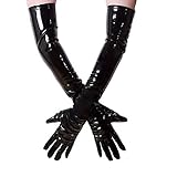 Fetish Queen Women PVC Look Glossy Five Fingers Gloves Shiny Arm Length Gloves (Black,6XL)