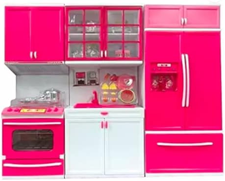 RBN Doll Size Pink Modern Kitchen Cooking Toy Play Set Play House & Accessories with Doll Girls Pretend Play Furniture Appliances with Lights & Sound - Pink