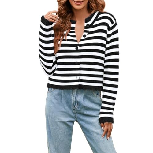 Pink Queen Women's Furry Cropped Cardigan Batwing Sleeves Open Front Crew Neck Button Down Loose Knit Sweater Coat Large Black and White