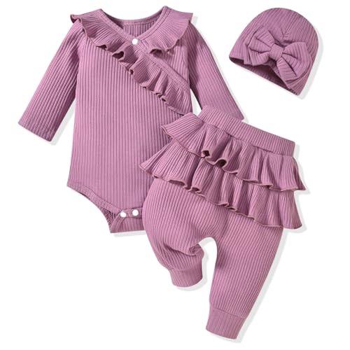 Image of fioukiay Preemie Newborn Baby Girl Clothes Infant Girl Solid Ribbed Outfits Ruffle Romper and Pants 3PC Clothing Sets