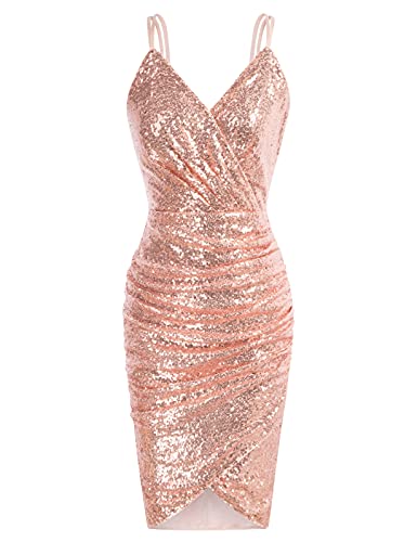 GRACE KARIN Women's Sequin Dress Spaghetti Straps Wrap V-Neck Bodycon Club Dress Rose Gold S