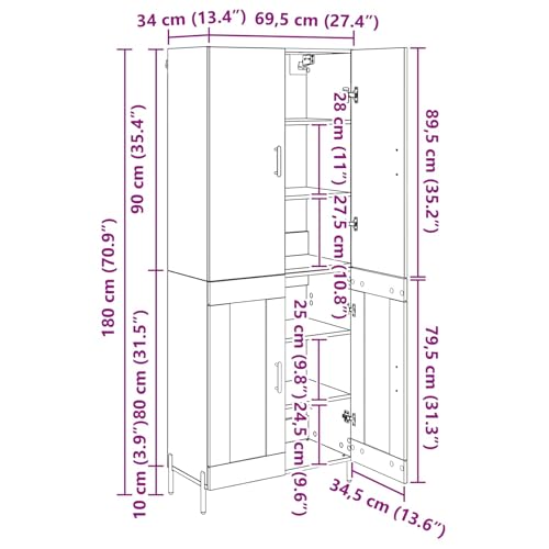 Mueble alto de pared de madera recuperada de 69,5x34x180 cm con 2 puertas para almacenamiento 3