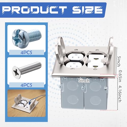 Image of Recessed Floor Outlet Box, UL Listed Nickel Plated Brass Low Profile Hidden Weather Flip-up Floor Outlet, 2-Gang 20A Tamper Resistant Receptacles for Living Room, Home Office, Conference Room