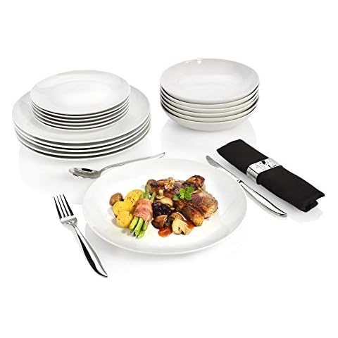 SÄNGER | Tafelservice New Port weiß, 18-teiliges Geschirrset für 6 Personen aus Porzellan, Hochzeitsteller, Speiseteller Cover