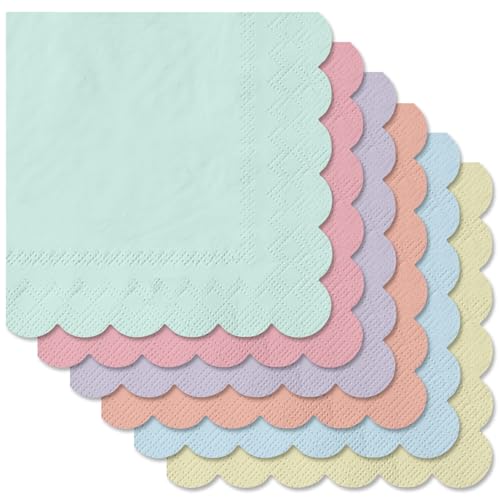Serviettes de cocktail jetables pastel arc-en-ciel en papier festonné lot de 120