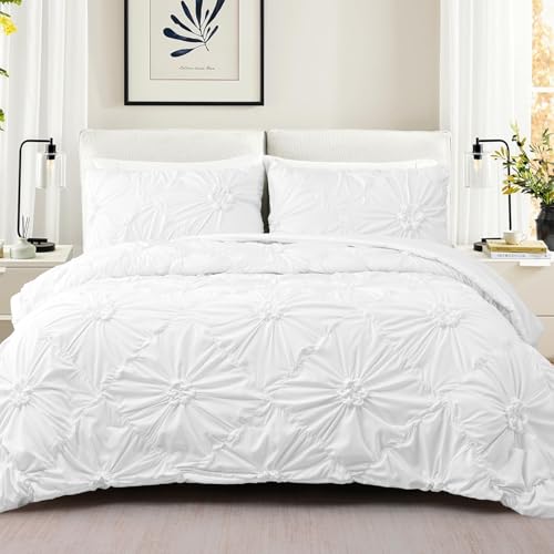 Uspring Quilts Queen Size Elegant Flower Bedding Set with 2 Pillow Shams, Lightweight Soft Quilted Bedspreads Cozy Stylish Floral Bedding Comforter Sets for All Season (White, 90'' x 90'')