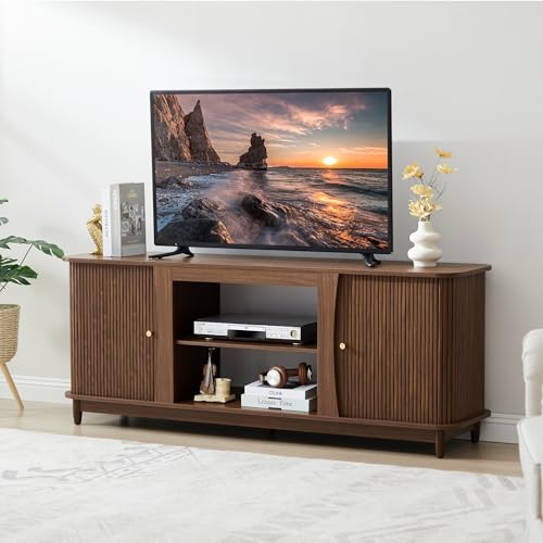 Image of TV Stand, Fluted Media Console Table with Storage and Sliding Door, Farmhouse Entertainment Center for Living Room, Home Office (Walnut-No Fireplace)
