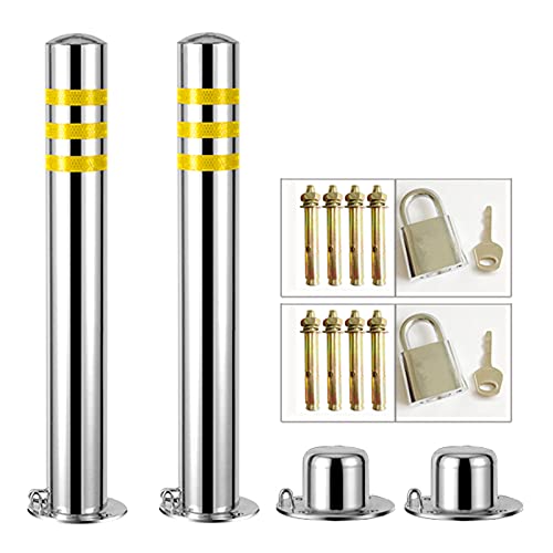 FAFACAI 2 Pack Parking Barrier Post with Padlock, Stainless Steel Bollard Post with Reflective Strips, Traffic Cones for Commercial Or Private Use (Silver 600×76mm/23×3in) (Silver 750×89mm/30×3.5in)