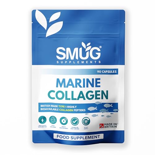 Marine Collagen British Made by SMUG Supplements - 90 Capsules - Type 1 Peptides - 1200mg Daily Serving of Collagen Powder in Three-a-Day Capsules - 30 Day Supply - Suitable for Both Men and Women
