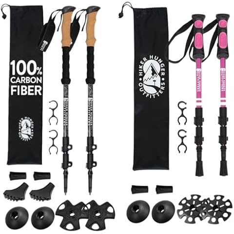 Lightweight Collapsible Trekking Poles for Kids (Pink) & Carbon Fiber Aluminum Walking Sticks with Cork Grips (Black) with Flip Locks, Adjustable for All Heights for Hiking, Backpacking & Camping Cover