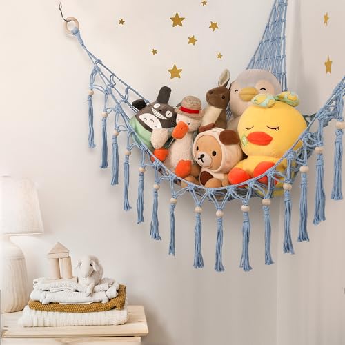 Image of Stuffed Animal Toy Storage Hammock with LED Light-Macrame Jumbo Doll Room Organizer Mesh Decoration-Hanging Storage Nets Kids Bedroom(Blue Beads)