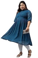 XL LOVE - By Janasya Women's Plus Size Teal Poly Chiffon Self Design Flared Kurta(PJNE3798-KR-4XL)