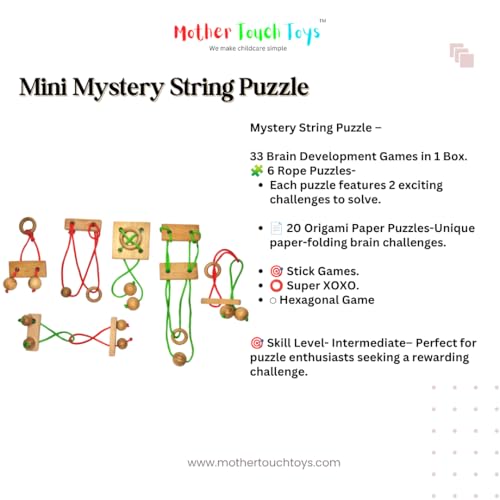 Image of Mother Touch Wooden Rope Puzzle Set - 6+20 Origami Paper Mystery Brain Teaser, Logic & Sequential Movement Puzzles for Kids & Adults.