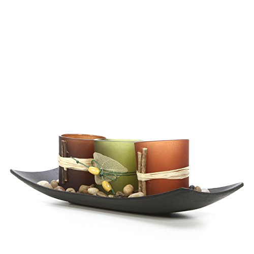 Hosley Natural Farm-House Candle-Scape Set Of 3 Decorative Candle Holders Rocks And Tray 10 Inch Long. Ideal Gift For Wedding Party Spa Aromatherapy Led Tea Light Votive Candle Gardens O5 #TOP3