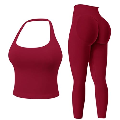 Workout Sets for Women 2 Piece Backless Sports Bras Halter Top Hidden Scrunch Leggings Yoga Outfits Gym Tracksuits - Medium - Burgundy