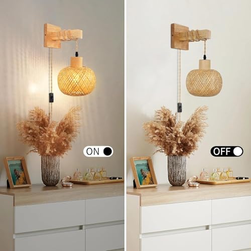 Lámpara de pared linterna de bambú apliques de pared LED interior con interruptor 4