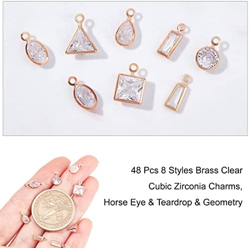 NBEADS 48 Pcs 8 Styles Clear Cubic Zirconia Charms, Shiny Geometry Teardrop Horse Eye Pendants Brass Inlaid Transparent Cubic Zirconia Charms for Jewelry Making
