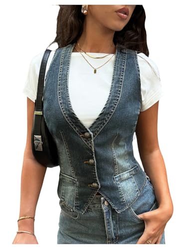 Floerns Women's Casual Business Denim Vest Vintage Seelveless Going Out Bodycon Jacket