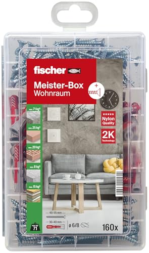 fischer Meister-Box Wohnraum, 160-teiliges Dübel- und Schraubenset, 6-8 mm Durchmesser, 30-50 mm Länge, für Heimwerker und Profis, universeller Einsatz für unbekannte Untergründe im Innenbereich