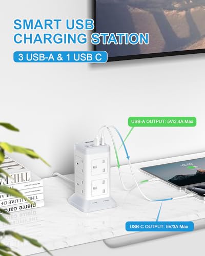 Tower Extension Lead with USB Slots, BEVA 8 Way Extension Socket with 3 USB-A and 1 USB-C Ports - Image 4