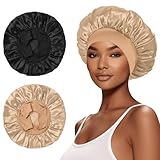 2Pcs Satin Bonnet for Sleeping, Silk Hair Wrap for Curly Hair with Elastic Wide Band, Black Satin Bonnet for Women SELALU (Black Gold)