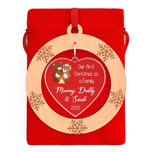 Our First Christmas As A Family Ornament, Personalised 1st First Christmas As A Family of 3 Decoration, With Red Bag