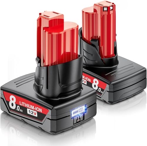 2X 8.0Ah Replacement for Milwaukee M12 Battery 12v Lithium ion Battery Compatible with Power Tools 48-11-2401 48-11-2402 48-11-2411 48-11-2420 48-11-2460 High Capacity with LED Indicator