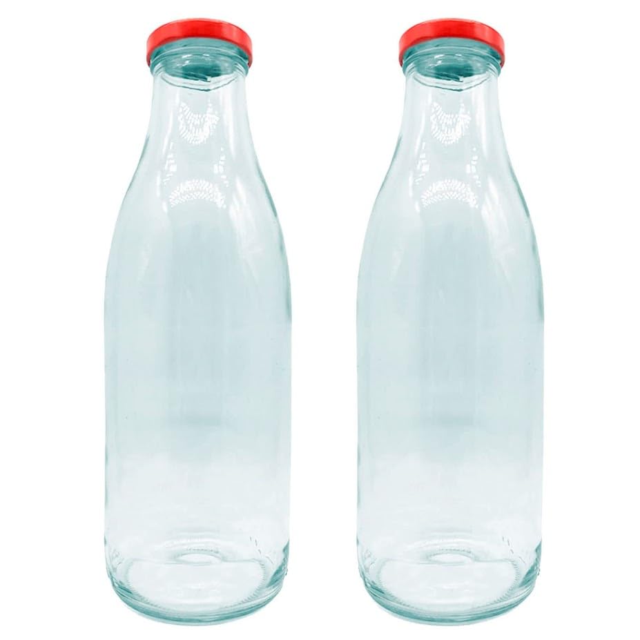 Tradineur - Pack de 2 Botellas de Vidrio con Tapa roja de latón, Cierre de Rosca, Agua, Leche, Batidos, zumos, licuados de Verduras, Salsas, frigorífico - 1 litro