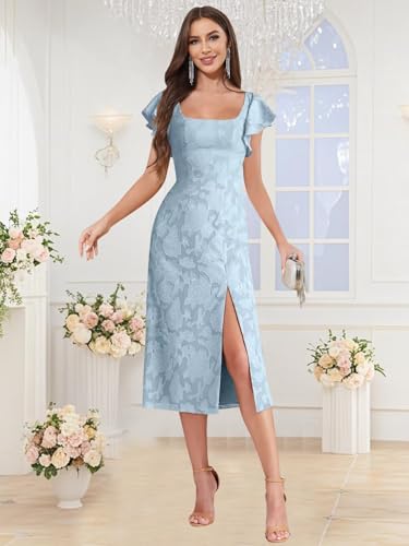 HYY Chiffon Mother of The Bride Dresses with Slit Floral Tea Length Flutter Sleeve Mermaid Formal Dress for Wedding2