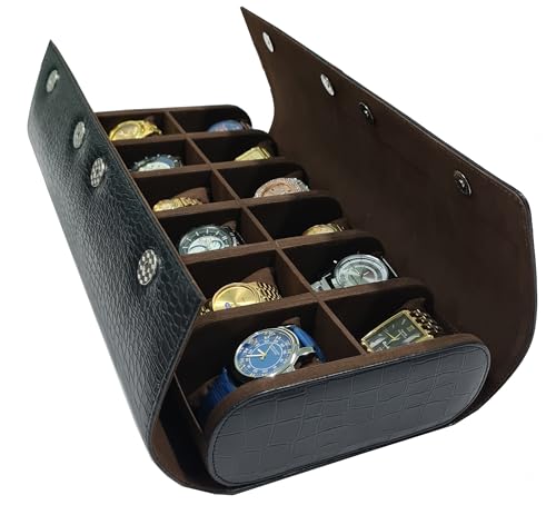 Image of essart 12-Slot Watch Roll Case - Luxury PU Leather Travel Watch Organizer for Men & Women | Portable Watch Storage Case | Scratch-Resistant & Protective