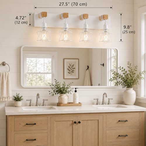 Image of Farmhouse Vanity Light Fixture,4-Light Bathroom Lighting,White Modern Wood Wall Light Over Mirror with Metal Shade,LED Bulbs Not Included