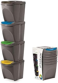 KrysGo 20 Litre Large Stackable Recycling Sorting Colour Coded Plastic Bins with Hinged Lids (4 x Grey)
