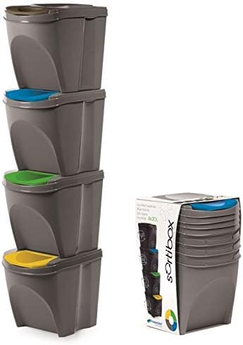 KrysGo 20 Litre Large Stackable Recycling Sorting Colour Coded Plastic Bins with Hinged Lids (4 x Grey)