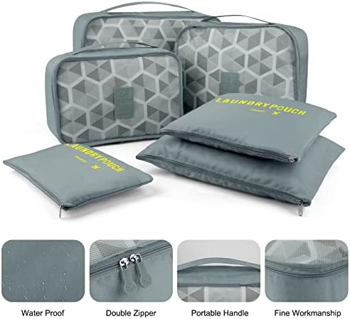 Cooja Packing Cubes for Suitcases Travel Luggage Organiser Bags, 3 Packing Cube + 3 Laundry Bags for Backpack Clothes Storage Waterproof Large Medium Small 6 Set, Grey