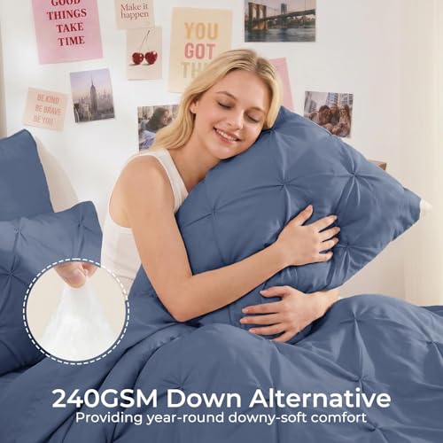 Image of Sasttie Twin Comforter Set, 5-Piece Bed in a Bag, Pintuck Bedding Sets for All Season, Includes Comforter, Flat Sheet, Fitted Sheet, Pillowcase and Pillowsham, Indigo Blue