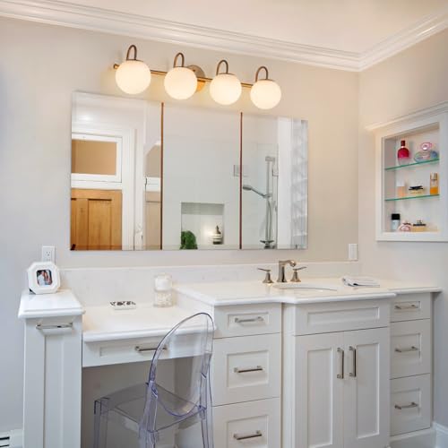 Image of Gold Bathroom Vanity Light, 31 inch Modern Dimmable 4-Light Bathroom Light Fixture Over Mirror, Globe Vanity Light with Frosted Glass Shade Globe Wall Sconce
