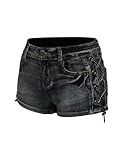 WDIRARA Women's Vintage Punk Chain Lace Up Denim Micro Shorts Distressed Low Rise Jean Shorts Black Large