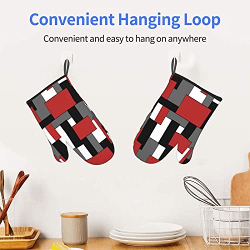 Microwave Oven Gloves,Abstract Red Black Check Pattern Oven Mitts Heat Resistant Durable Kitchen Gloves Perfect For Bbq, Cooking, Grilling, Baking Set Of 2,11Inch #TOP6