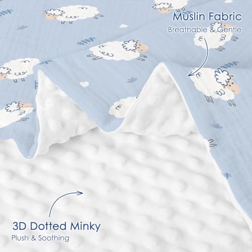 Image of SANDJEST Little Sheep Minky Muslin & Dotted Blanket 30x40 in Gift for Holiday, Gender Reveal Party, Hospital Visit, Baptism