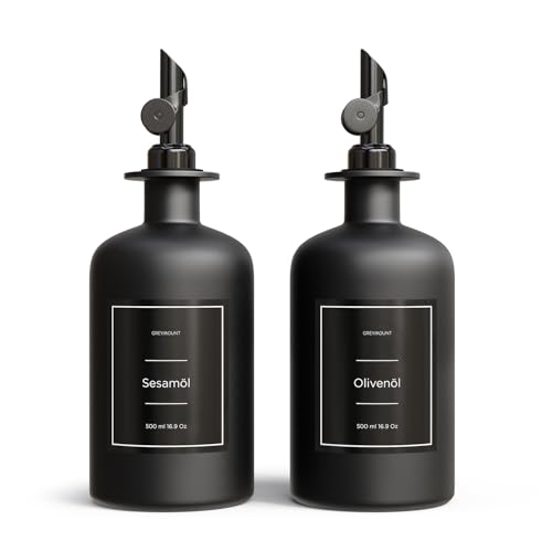Greymount ® Essig und Ölflaschen Set - 2er Pack Ölspender 500ml | Ölflasche aus Glas mit Ausgießer Schwarz für Olivenöl, Essig und mehr | Perfekt für Kochen, Salate und BBQ