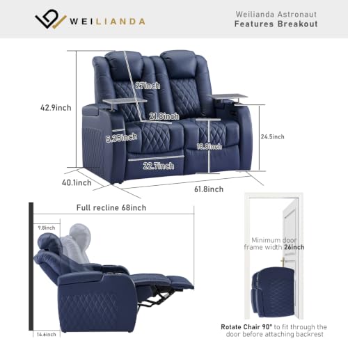 Image of Weilianda Home Theater Seating, Top Grain Leather Movie Theater Chair | Blue Row of 2 Loveseat, Zero Gravity, Power Headrest, Tray Table, Electric Reclining Seat for Media Room