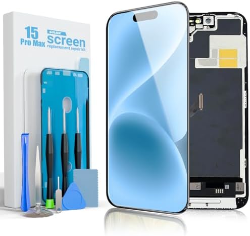 Display für iPhone 15 Pro Max 6,7" FHD LCD Ersatzbildschirm Touch Digitizer | COF, Full HD, präzise Touch-Reaktion, hohe Helligkeit, Face ID, inkl. Reparaturset, Schutzglas und Kle